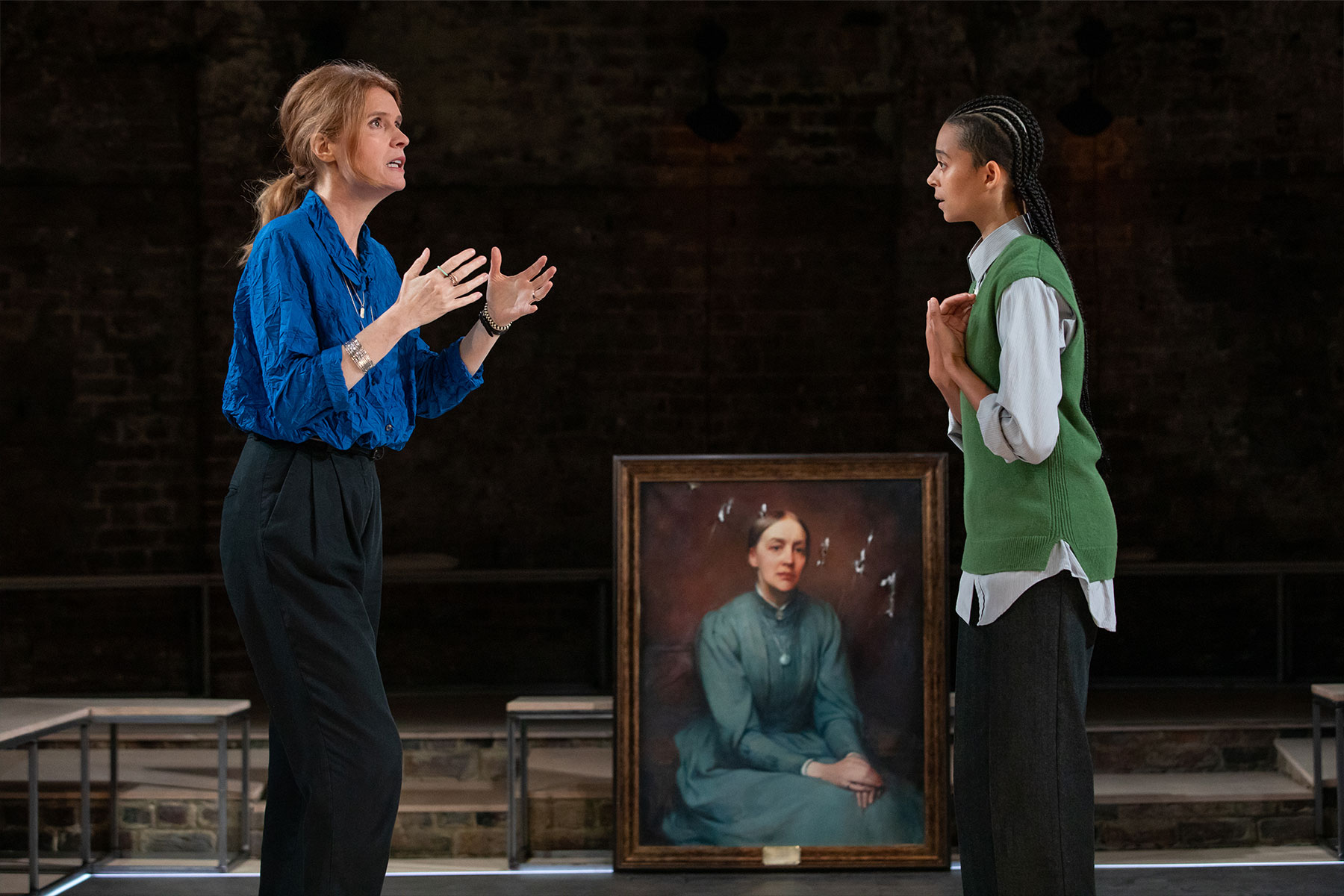 Justine Mitchell and Phoebe Campbell in a scene from Alma Mater at the Almeida Theatre