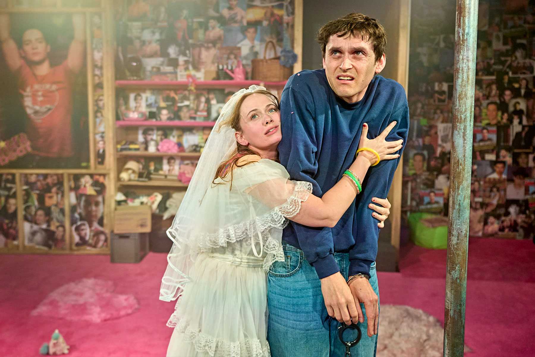 Tessa Albertson (as Shelby Hinkley) and Anders Hayward (as Tobey Maguire) in a scene from I'm Gonna Marry You Tobey Maguire at Southwark Playhouse Borough