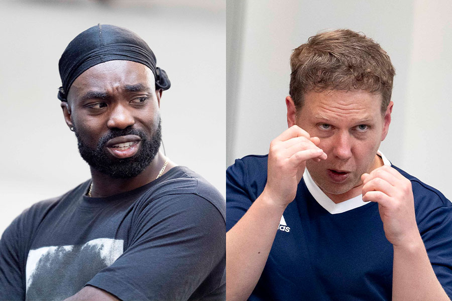 Paapa Essiedu and Thomas Coombes in rehearsals for Death of England: Delroy and Death of England: Michael, respectively