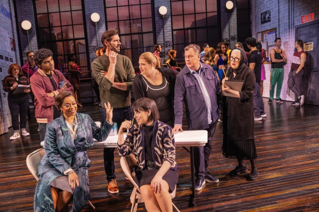 Nicholas Matos (Scott), Jacqueline B. Arnold (Anita), John Behlmann (Jerry), Krysta Rodriguez (Tracy), Bella Coppola (Chloe), Brooks Ashmanskas (Nigel), and Kristine Nielsen (Susan Proctor) in Smash, © Matthew Murphy 